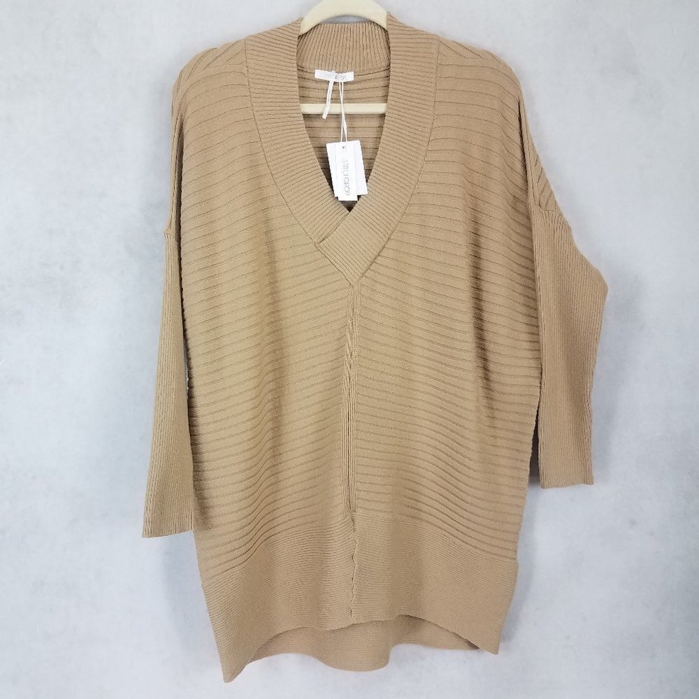 NEW Stitchdrop S Ribbed Knit V-neck Pullover Sweater in Golden Brown Harvest